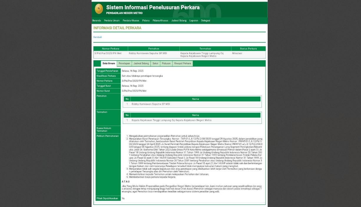 Permohonan Praperadilan Dikabulkan, Penetapan Mantan Kepala DPUTR Metro Dinyatakan Batal