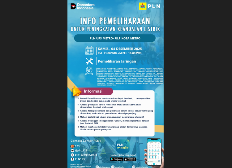Waduh! Wilayah Lampung Timur Akan Terdampak Pemadaman Listrik Oleh PLN ULP Metro, Mana Saja Lokasinya?