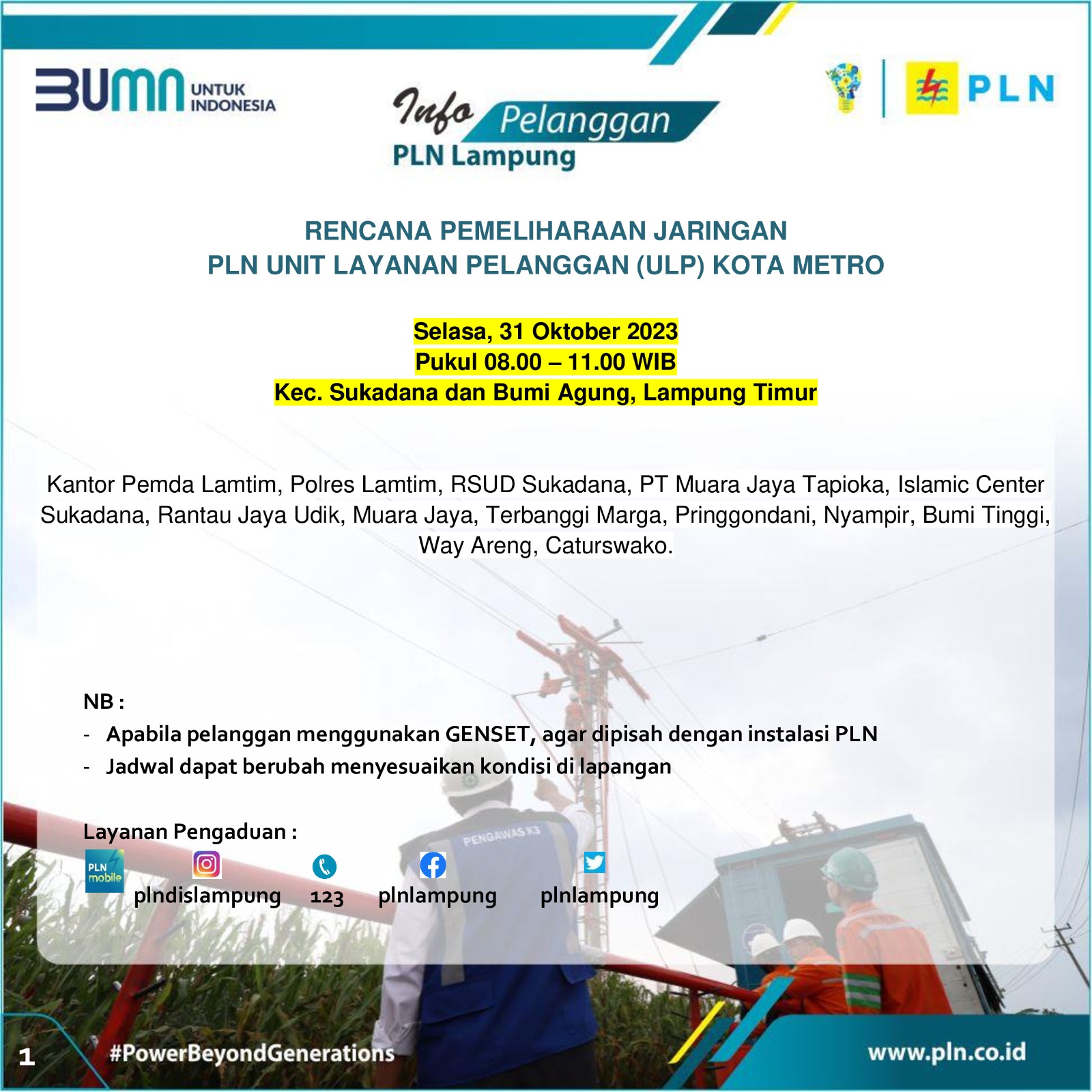 Rencana Pemeliharaan Jaringan PLN di Lampung Timur, 2 Kecamatan Listrik Padam 