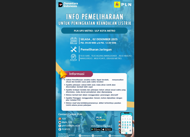 Siap-siap! Kota Metro Akan Terdampak Pemadaman Pemeliharaan Jaringan Listrik Oleh PLN ULP Metro, Ini Lokasinya