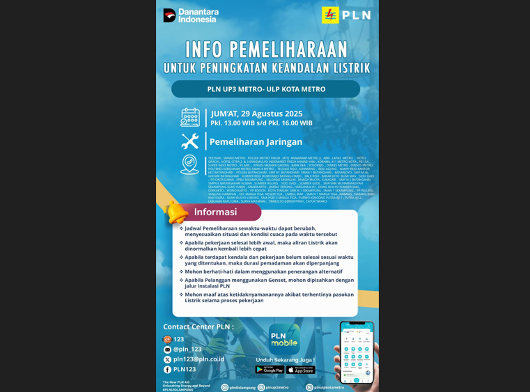 Wah! Tidak Hanya Metro, Besok Batanghari Juga Kena Pemadaman Pemeliharaan Jaringan Listrik Oleh PLN ULP Metro
