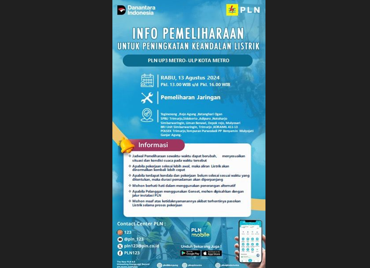 Pemadaman Area Trimurjo Diperpanjang! Pemeliharaan Jaringan Listrik Oleh PLN ULP Metro, Cek Lokasinya..