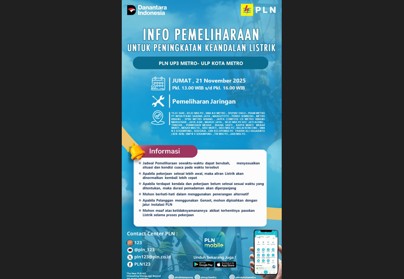 Siap-siap! Kota Metro, Jatiagung, Lamtim Terdampak Pemadaman Pemeliharaan Jaringan Listrik Oleh PLN ULP Metro