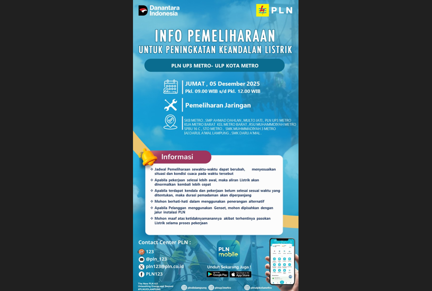 Jum'at Akan Dilakukan Pemadaman Listrik di Wilayah Kota Metro, Cek Lokasinya!