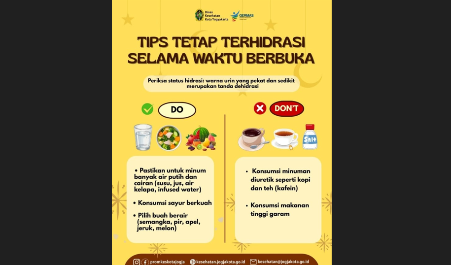 Dinas Kesehatan Kota Yogyakarta Bagikan Tips Tetap Terhidrasi Saat Berbuka Puasa
