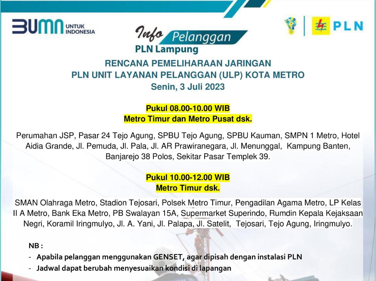 PLN Metro Lakukan Pemadaman Listrik, Ini Titik Lokasi yang Terdampak