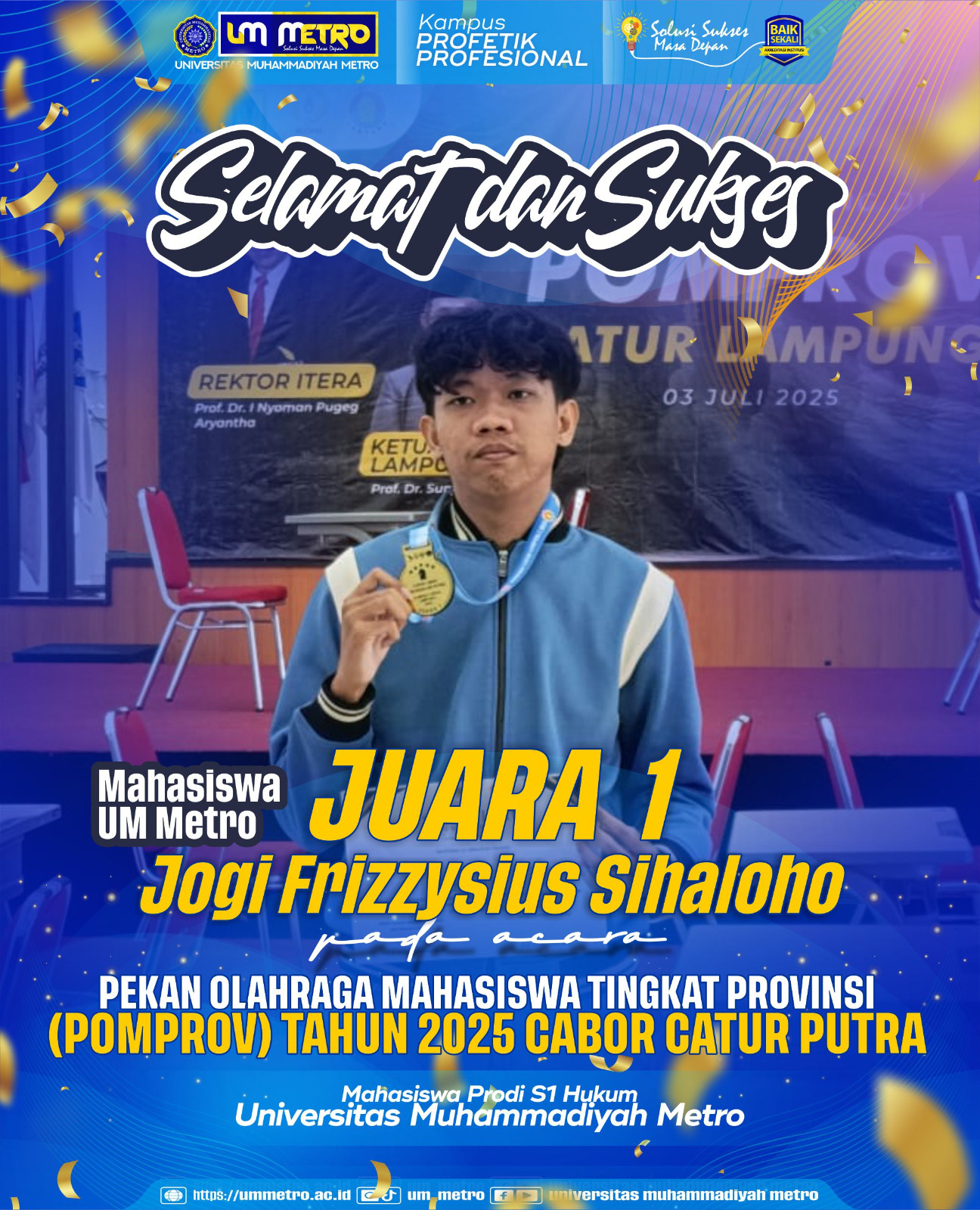 Mahasiswa UM Metro Raih Juara 1 Catur Putra di Ajang POMPROV Lampung