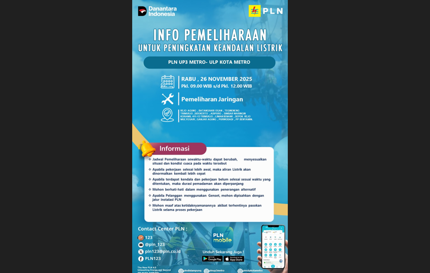 Wilayah Ganjar Agung dan Trimurjo Akan Terdampak Pemadaman Pemeliharaan Jaringan Listrik Oleh PLN ULP Metro