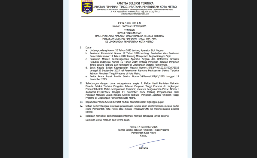 Pansel Umumkan Hasil Seleksi Wawancara dan Makalah 3 JPTP di Kota Metro, Berikut Daftarnya! 