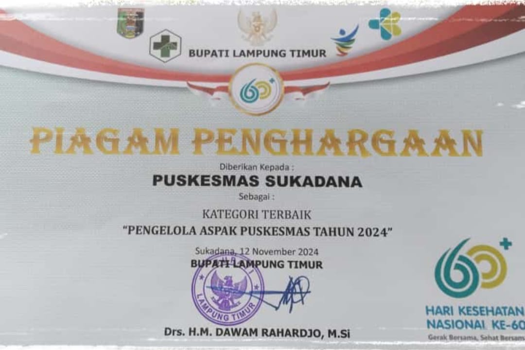 Puskesmas Sukadana Raih Penghargaan Terbaik Se Lampung Timur