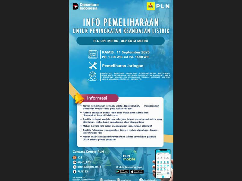 Seputaran Sekampung Akan Dilakukan Pemadaman Pemeliharaan Jaringan Listrik Oleh PLN ULP Metro, Cek Lokasinya..