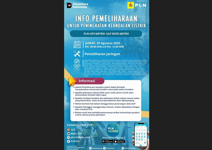 Siap-Siap! Besok Pagi di Wilayah Kota Metro Akan Dilakukan Pemadaman Listrik Oleh PLN ULP Metro, Cek Lokasinya