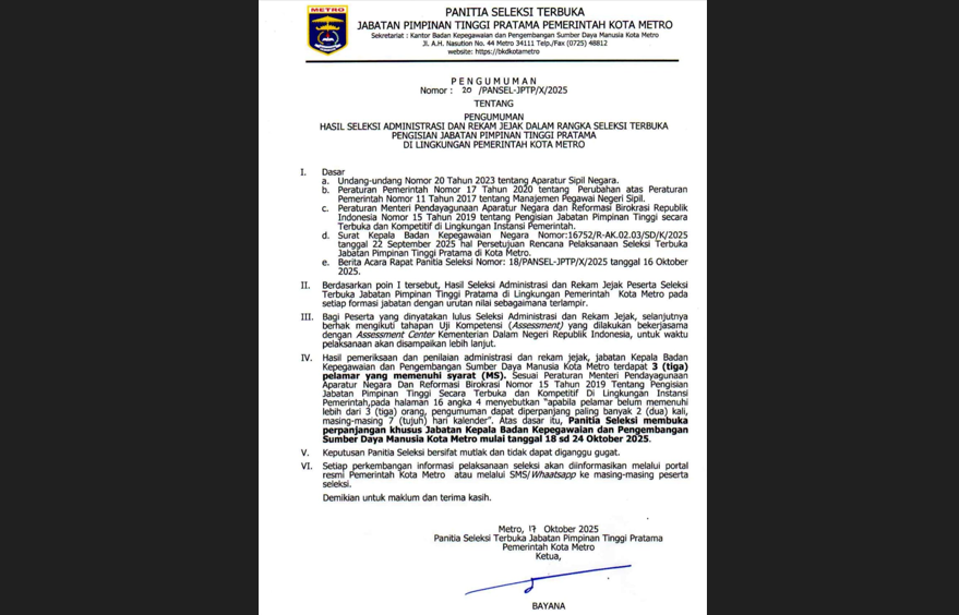 Selter JPTP Kepala BKPSDM Metro Bakal Diperpanjang?