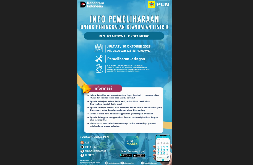 Giliran Wilayah Trimurjo Akan Dilakukan Pemadaman Pemeliharaan Jaringan Listrik Oleh PLN ULP Metro
