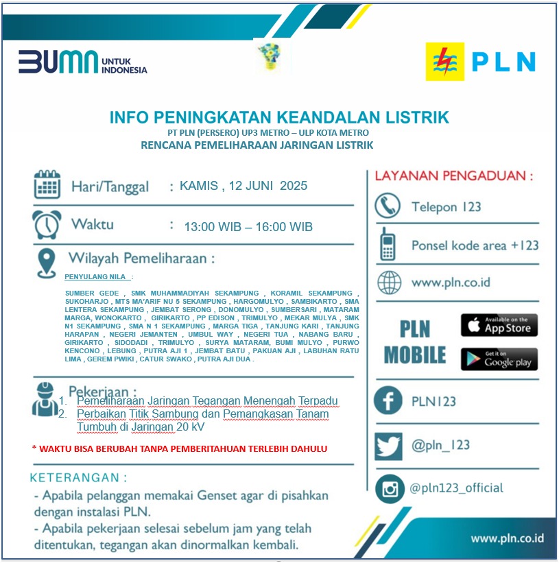 PLN Lakukan Pemadaman Bergilir di Sekampung dan Sekitarnya, Cek Wilayah Lainnya