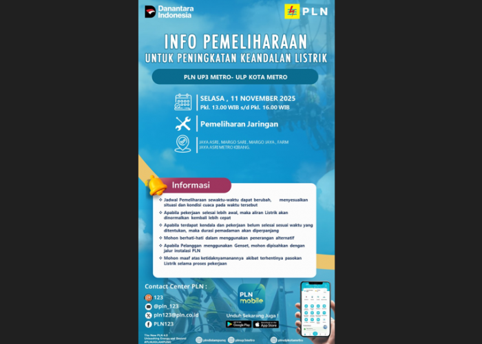 Siap-siap! Seputar Metro Kibang Akan Terdampak Pemadaman Pemeliharaan Jaringan Listrik Oleh PLN ULP Metro