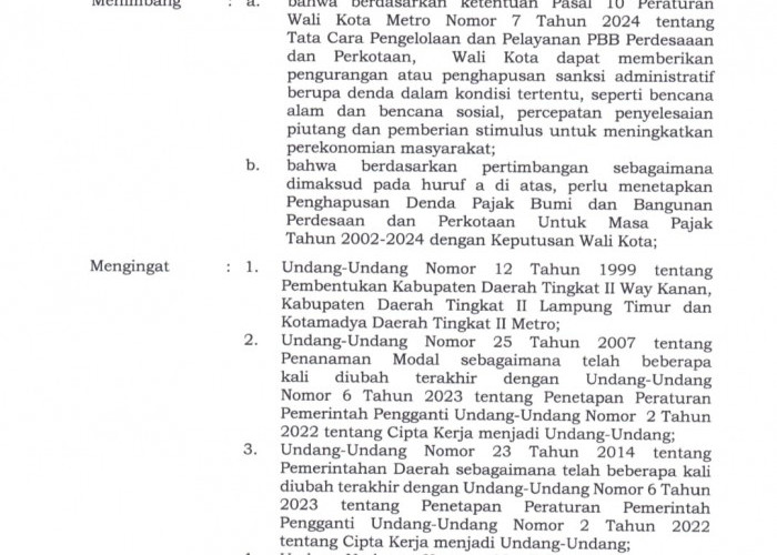 Nunggak PBB-P2 Tahun 2002 hingga 2024, Warga Metro Bebas Bayar Tanpa Denda, Cek Ini Syaratnya! 