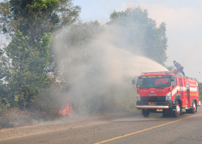Lahan Ilalang Terbakar, Prajurit Padamkan Api di Jalan Lintas Timur Sumatera