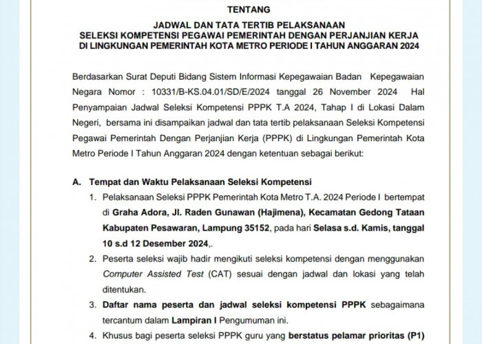 1.523 Pelamar PPPK di Metro Dijadwalkan Ikuti Seleksi Kompetensi, Cek ini Jadwal dan Lokasinya! 