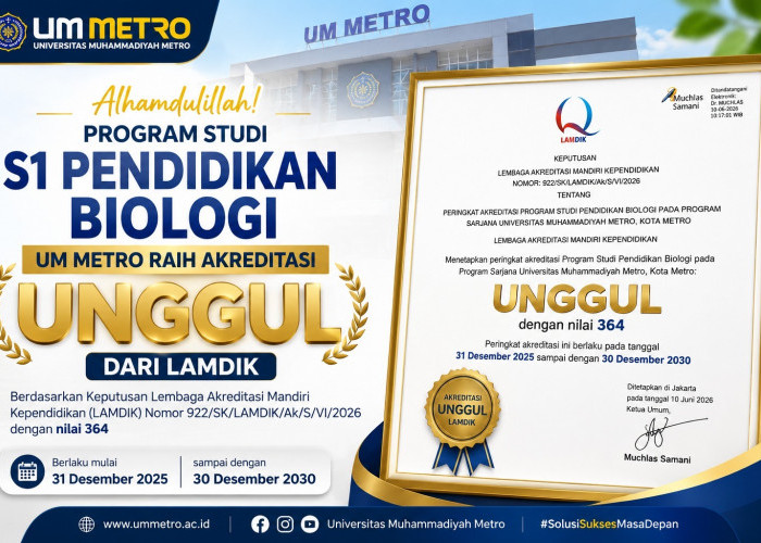 Prodi S1 Pendidikan Biologi UM Metro Raih Akreditas Unggul dari LAMDIK