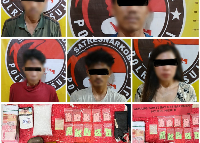 Sat Res Narkoba Polres Mesuji Ringkus 5 Orang Asal Riau, Amankan 293 Gram Sabu dan 100 Butir Pil Extacy 