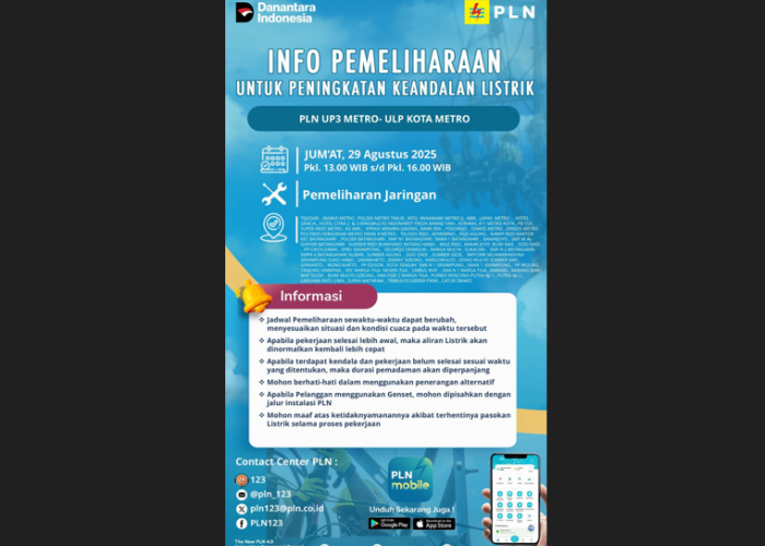 Wah! Tidak Hanya Metro, Besok Batanghari Juga Kena Pemadaman Pemeliharaan Jaringan Listrik Oleh PLN ULP Metro