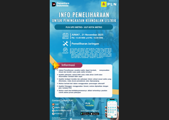 Siap-siap! Kota Metro, Jatiagung, Lamtim Terdampak Pemadaman Pemeliharaan Jaringan Listrik Oleh PLN ULP Metro