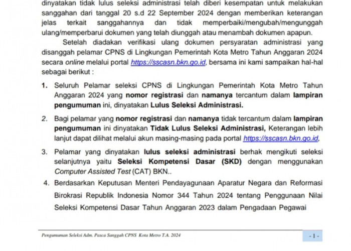 Pasca Sanggah Jumlah Pelamar yang Lulus Seleksi Administrasi CPNS Kota Metro Tidak Bertambah