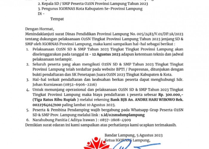 Orangtua Atlet Protes O2SN Tingkat Provinsi Lampung Dipungut Biaya Pendaftaran Rp300 Ribu