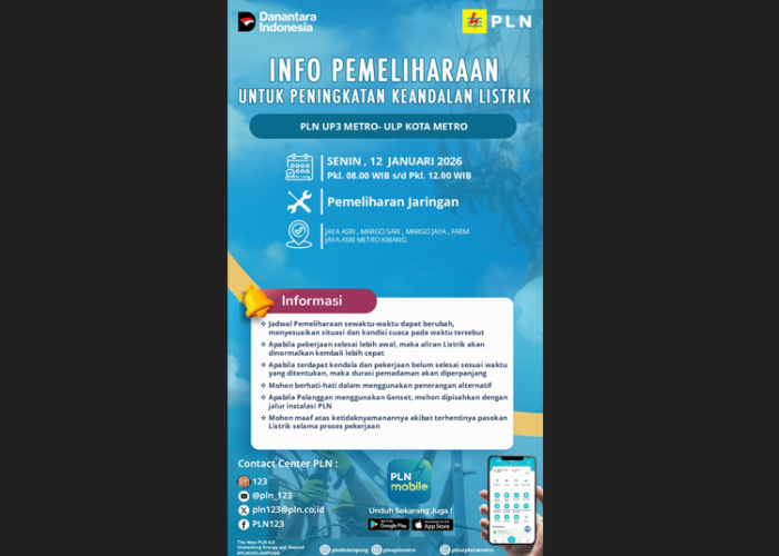 Area Metro Kibang Akan Dilakukan Pemadaman Listrik di Wilayah Kota Metro, Cek Lokasinya?