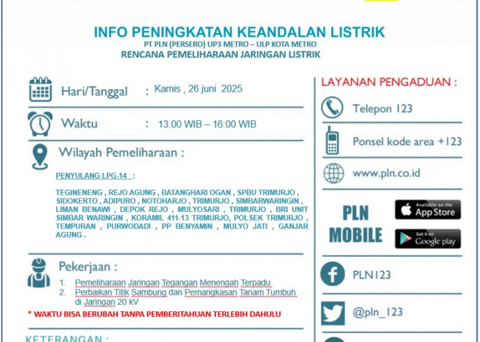 Pemadaman Bergilir PLN di Wilayah Metro dan Trimurjo Sekitarnya, Ini Daerahnya