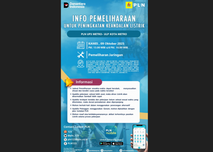 Siangnya Kota Metro dan Lamtim Akan Dilakukan Pemadaman Pemeliharaan Jaringan Listrik Oleh PLN ULP Metro
