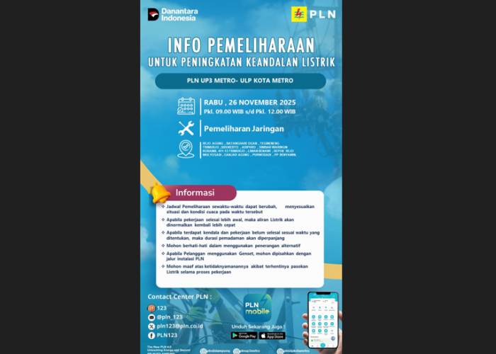 Wilayah Ganjar Agung dan Trimurjo Akan Terdampak Pemadaman Pemeliharaan Jaringan Listrik Oleh PLN ULP Metro
