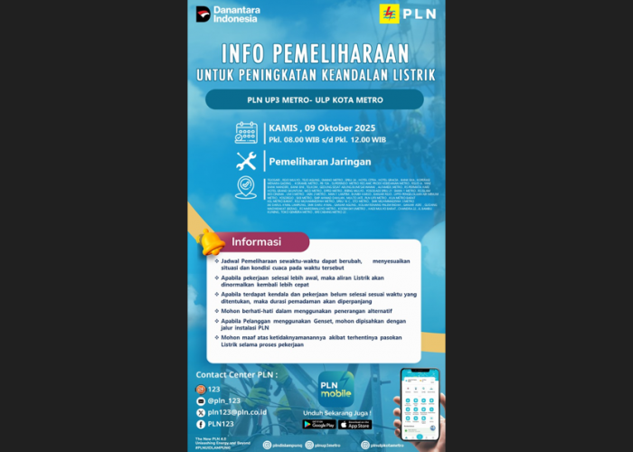 Siangnya Kota Metro dan Lamtim Akan Dilakukan Pemadaman Pemeliharaan Jaringan Listrik Oleh PLN ULP Metro