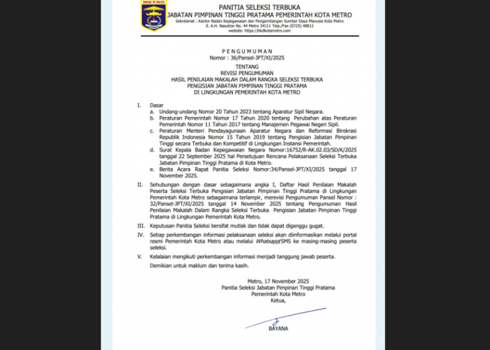Pansel Umumkan Hasil Seleksi Wawancara dan Makalah 3 JPTP di Kota Metro, Berikut Daftarnya! 