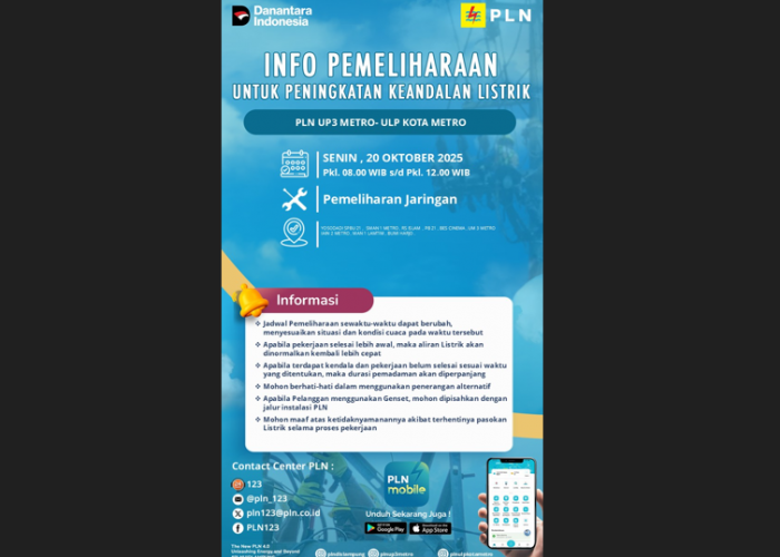 RS Islam dan UM 3 Metro Terdampak Pemadaman Pemeliharaan Jaringan Listrik PLN ULP Metro, Cek Lokasi Lainnya...