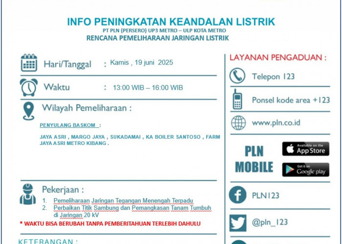 PLN Lakukan Pemadaman Bergilir di Wilayah Metro Kibang dan Sekitarnya, Ini Daerahnya
