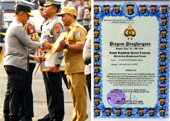 Bupati Pringsewu Terima Penghargaan Kapolda Lampung atas Dukungan Cultural Policing
