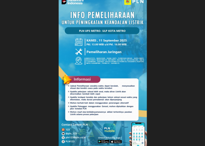 Seputaran Sekampung Akan Dilakukan Pemadaman Pemeliharaan Jaringan Listrik Oleh PLN ULP Metro, Cek Lokasinya..