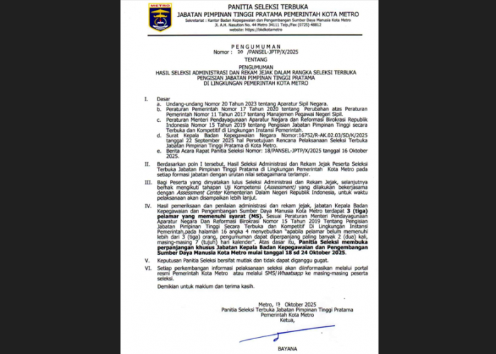 Selter JPTP Kepala BKPSDM Metro Bakal Diperpanjang? 